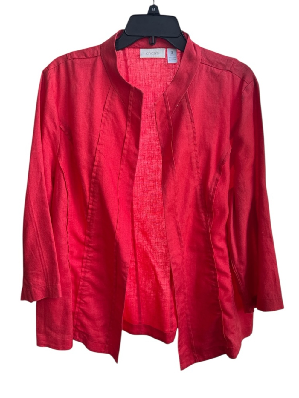 Chico's Womens 3/4 Sleeve Pleated Open Front Linen Orange Cardigan Jacket Size 3